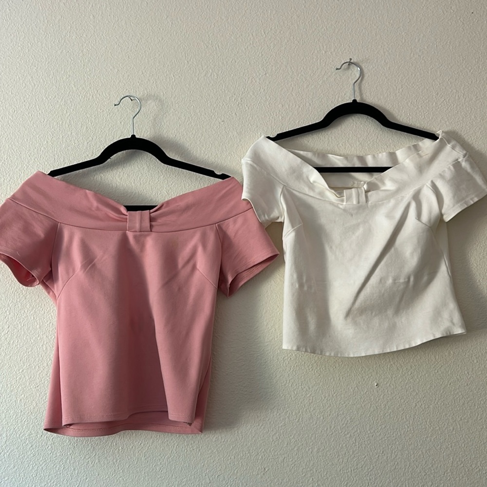 Lively Women’s Off the Shoulder Bow Front Short Sleeve Pinup Tops set of 2